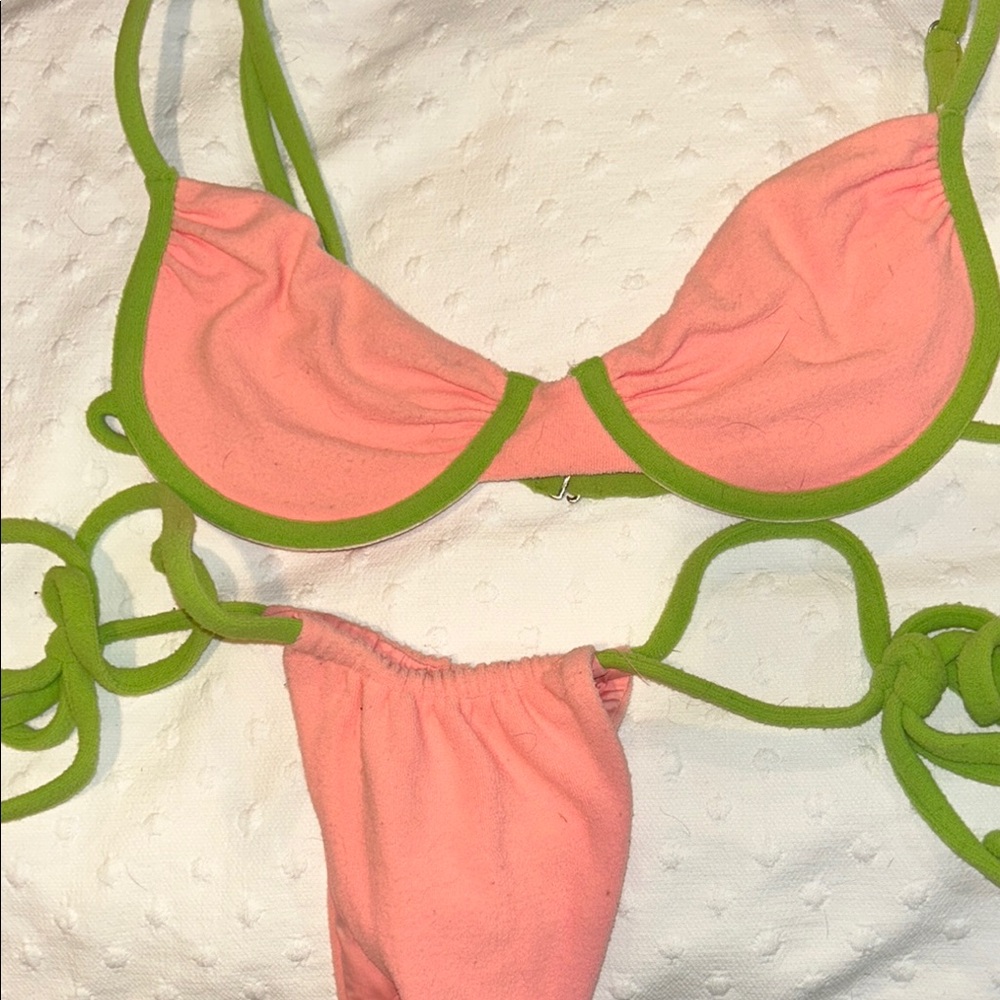 Frankie's Bikinis Pink and Green Bikini Set